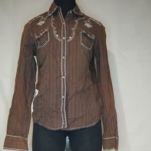 Adiktd Brown Button Down Shirt with White Embroidery